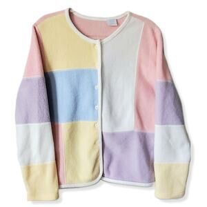 Vintage Women Pastel Patchwork Fleece Jacket Cardigan M Cozy Granny Cottage